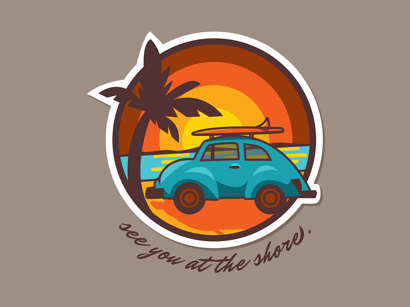 "See You at the Shore" sticker illustration - blue VW beetle with surf board at sunset