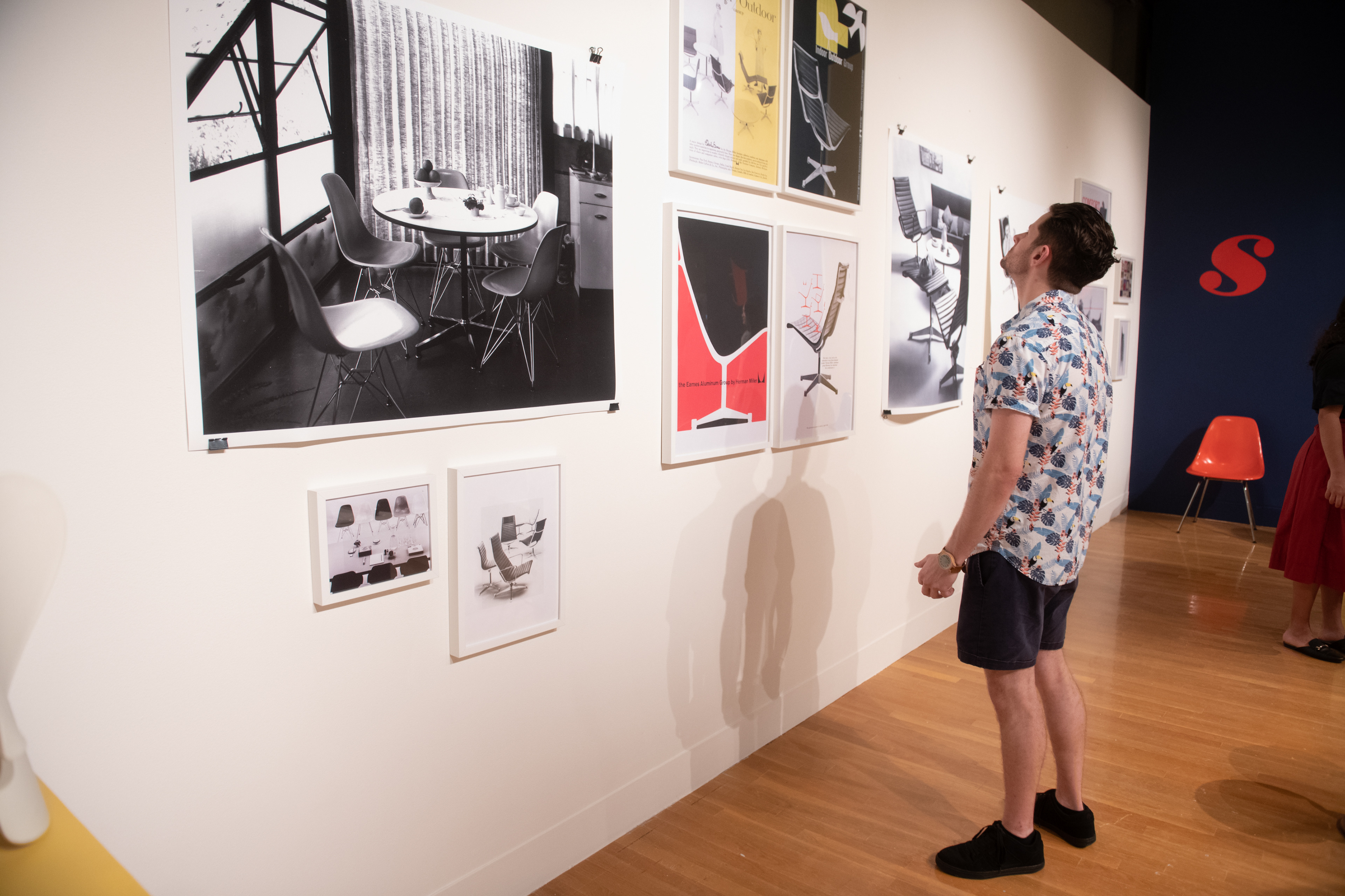 Image of someone looking at Eames' posters in the Sit Exhibit