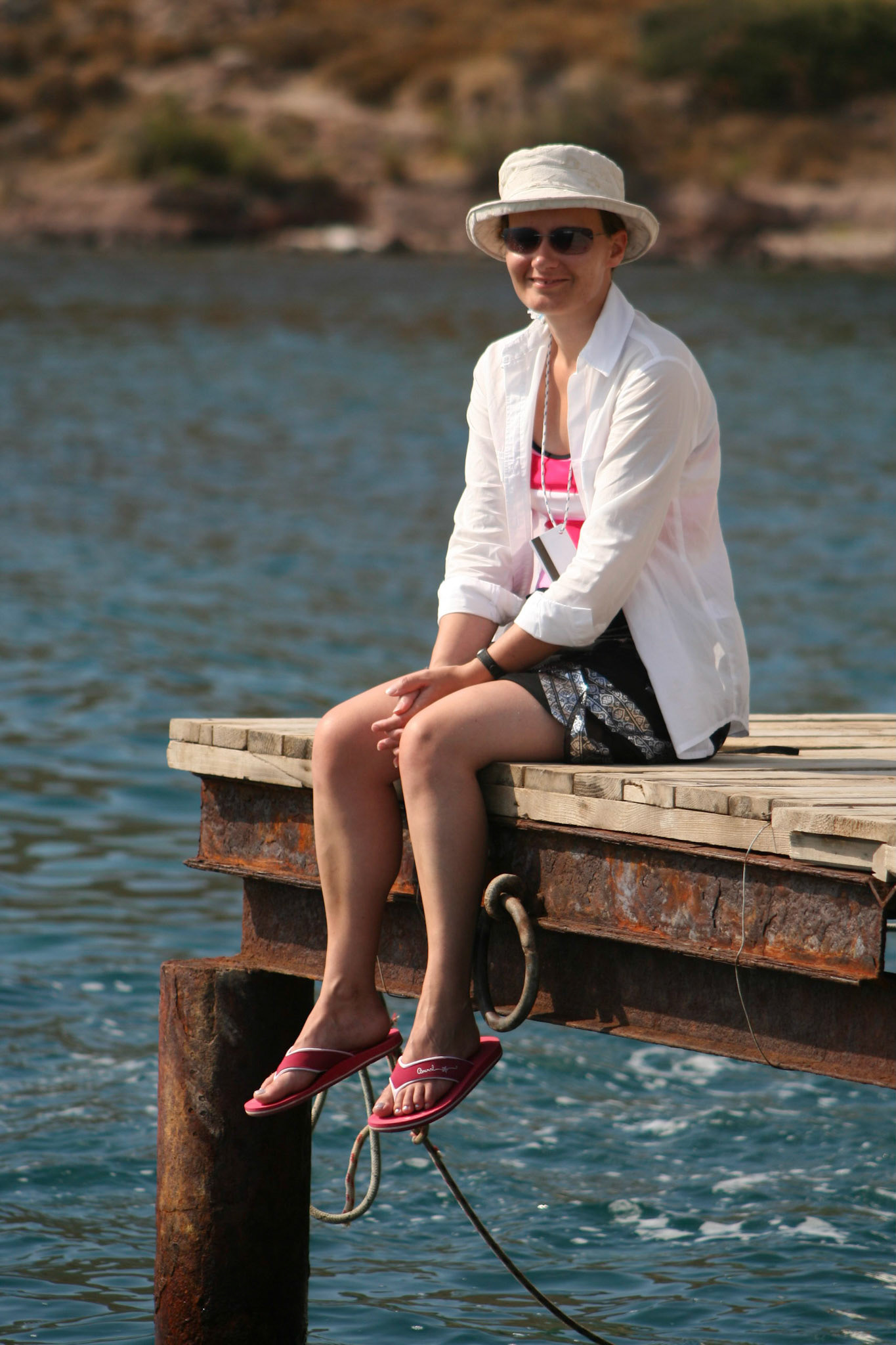 Sue sitting on the pontoon