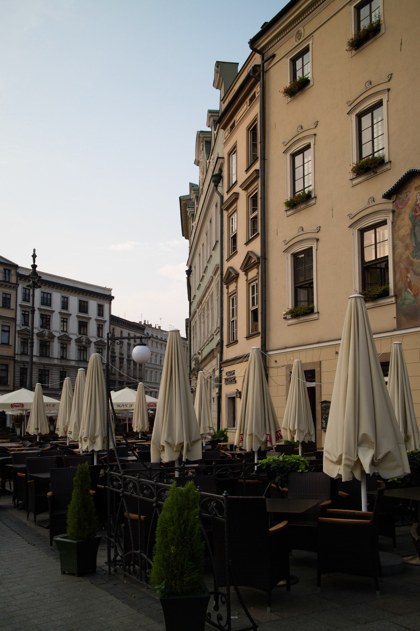 Cafes on Rynek Glowny early in the morning