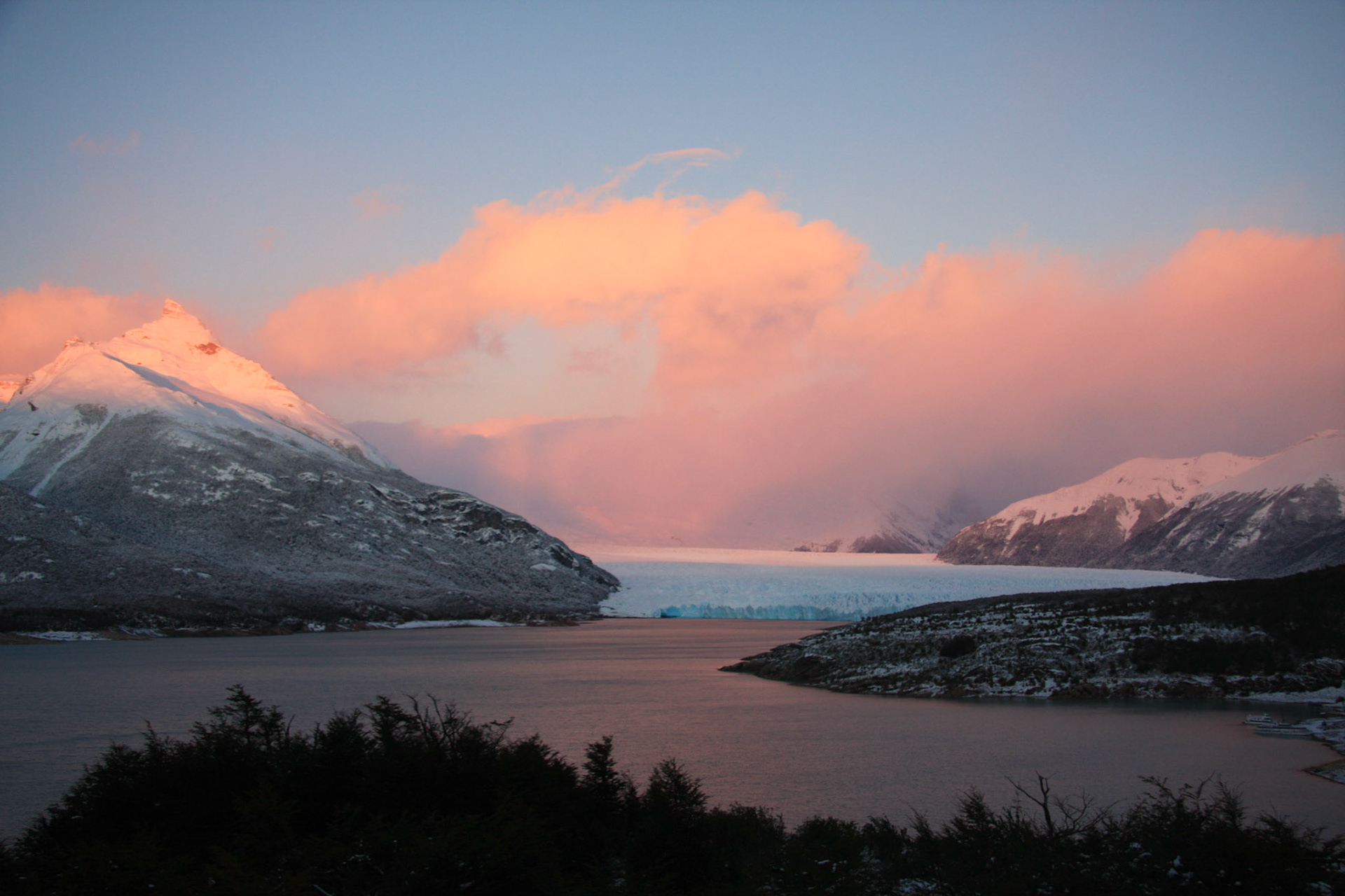 Sunrise over Perito Moreno from our room at Los Notros