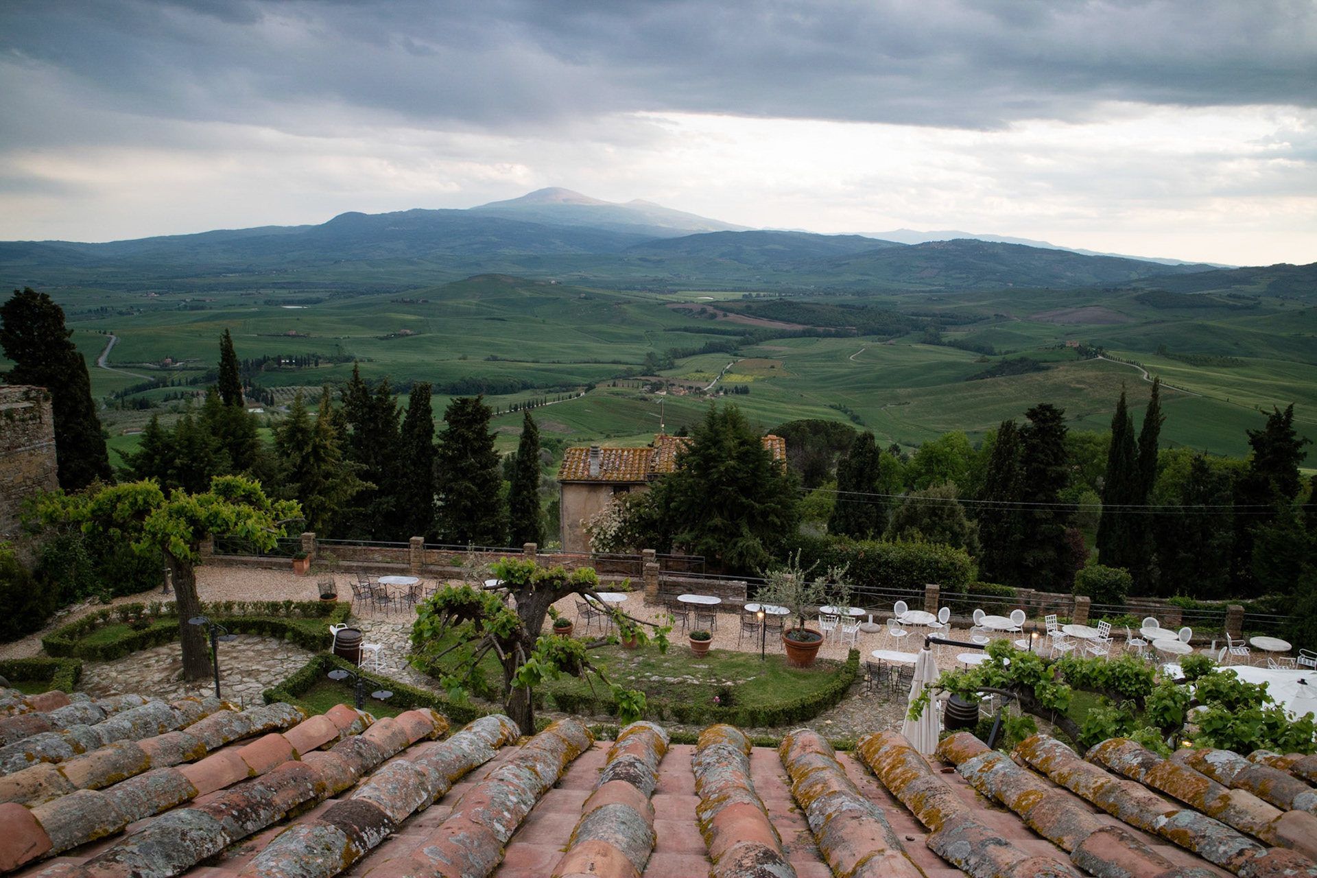 View from room at Il Chiostro, late evening
