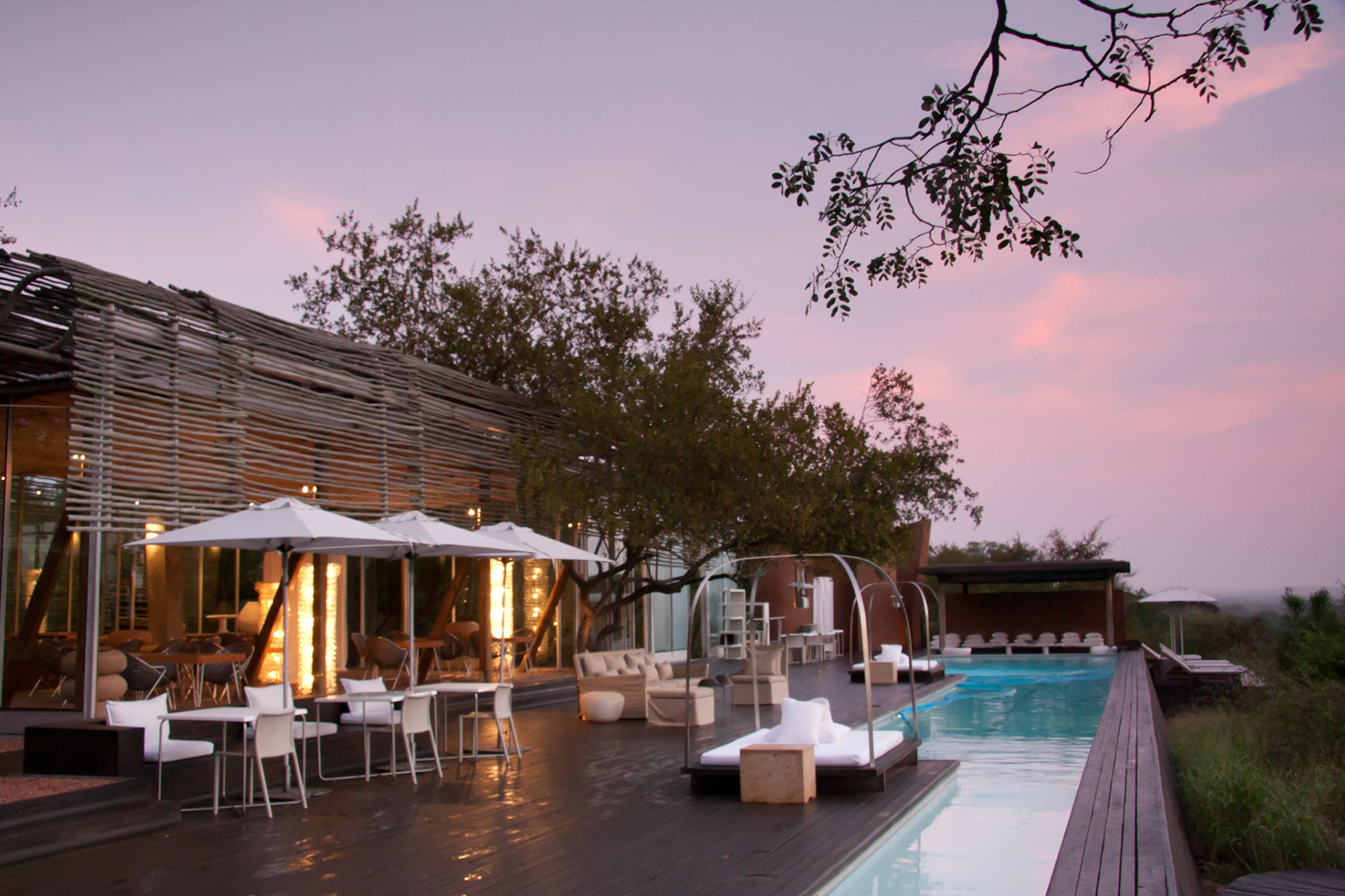 Lebombo deck and pool at dawn
