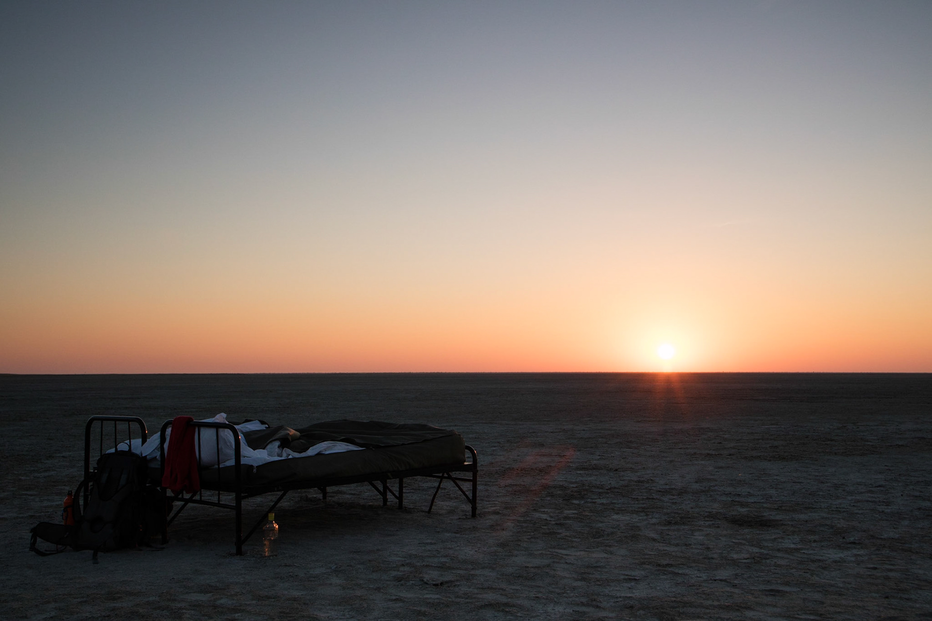 Waking up to sunrise on the Makgadikgadi salt pan