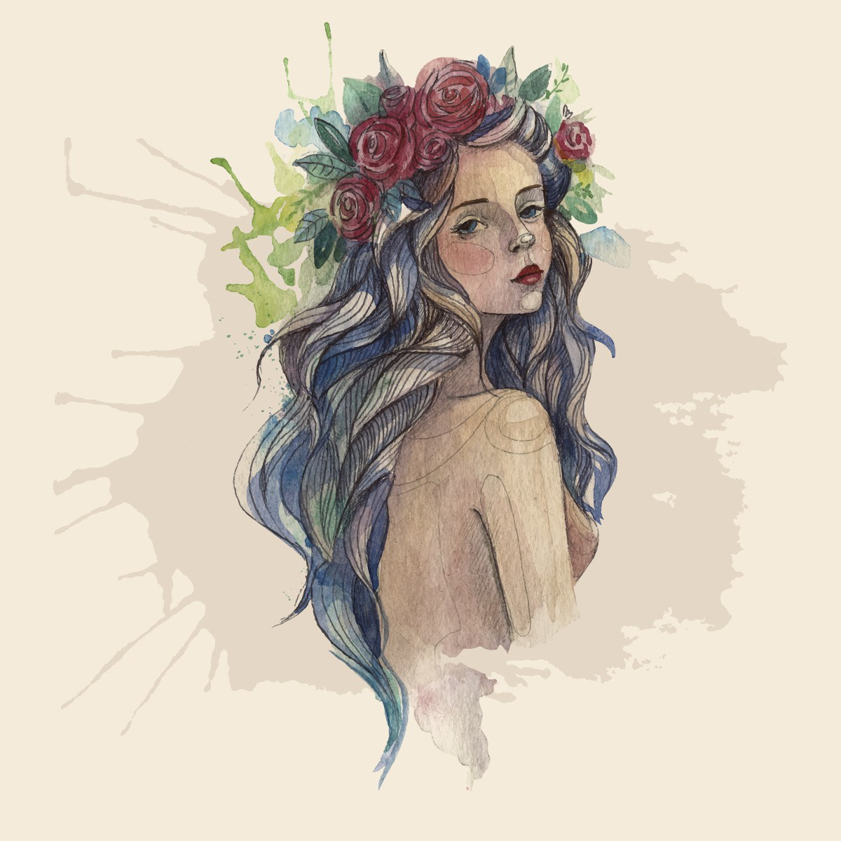 Акварель девушка с цветами в волосах