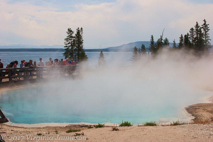 Visitors viewing steaming pond at Yellowstone NP; UA-92916515-1