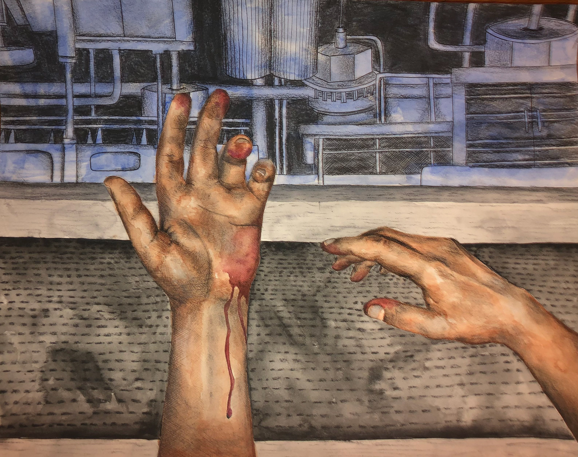 Aine Fagan, Blood on Their Hands: Working Conditions of Factory Farms, Mixed Media, Lakewood High School, Educator: Dayna Hansen, Grade 12,  Honorable Mention