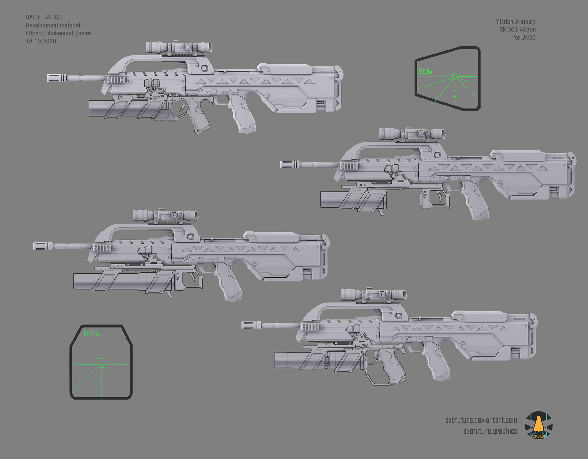 Designs for an underbarrel launcher to fit the BR55 and MA5. BR55 model by Jared Harris. (https://www.artstation.com/malcontent1692)