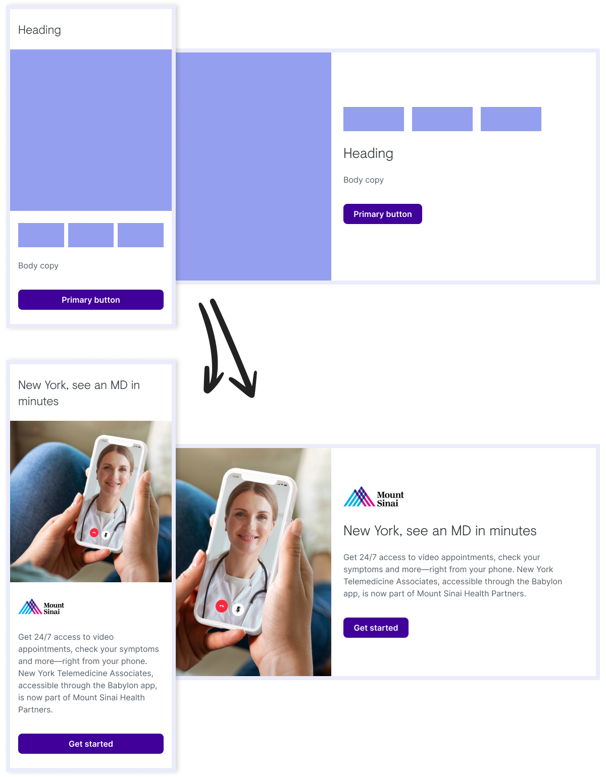 Image of a hero banner with icons component, before and after content is applied