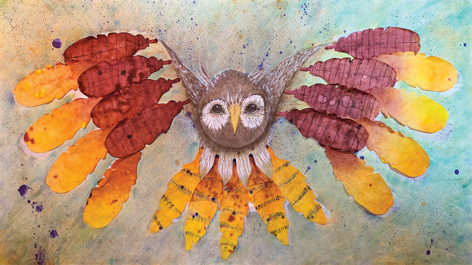 Roylco, Color Diffusing Paper Feathers, product art. Media: Color diffusing paper feathers, stonehenge paper, watercolors, ink, acrylic paint. 2019. 