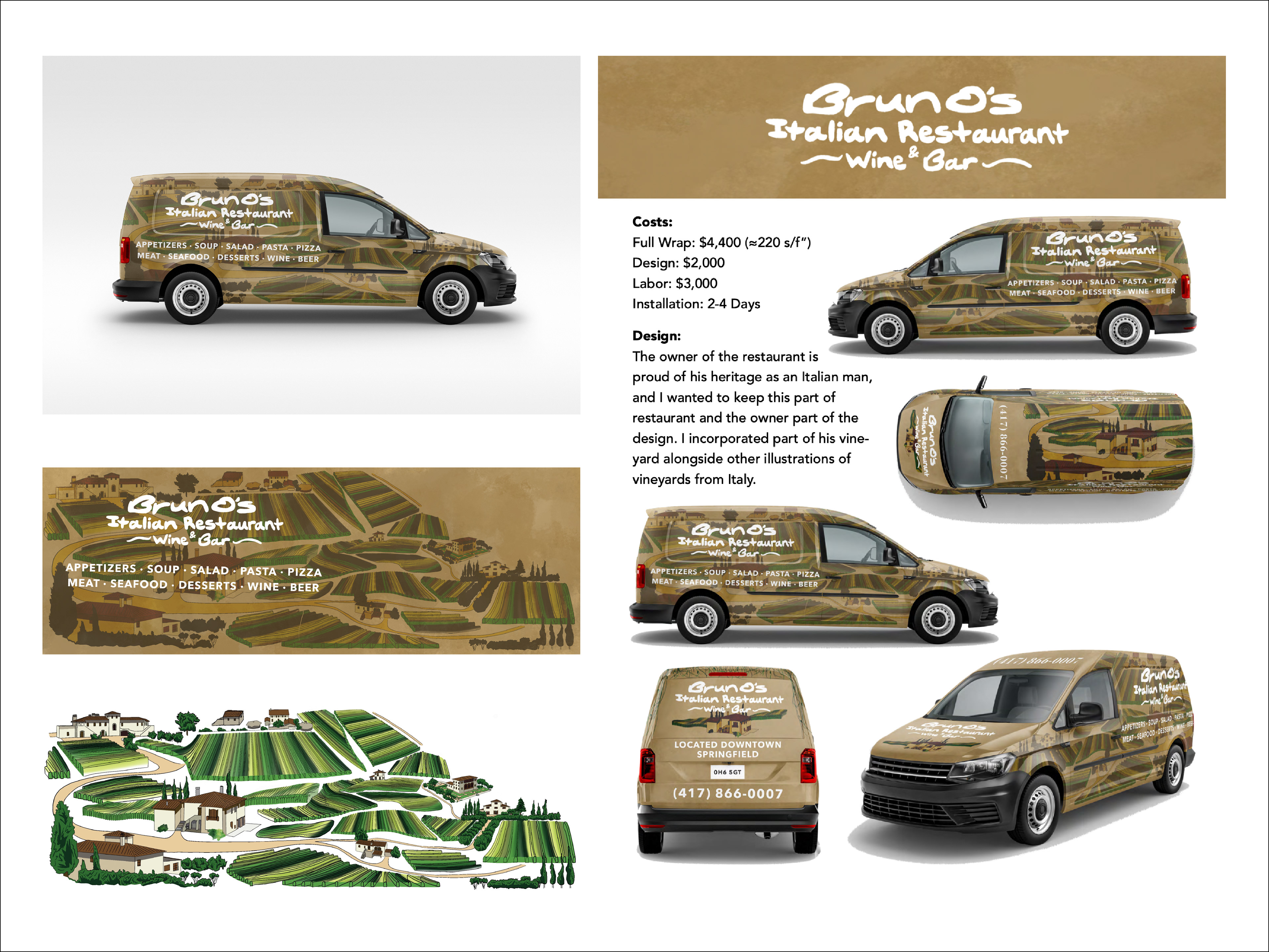 3D graphic van design for "Bruno's: Italian Restaurant, Wine, & Bar."