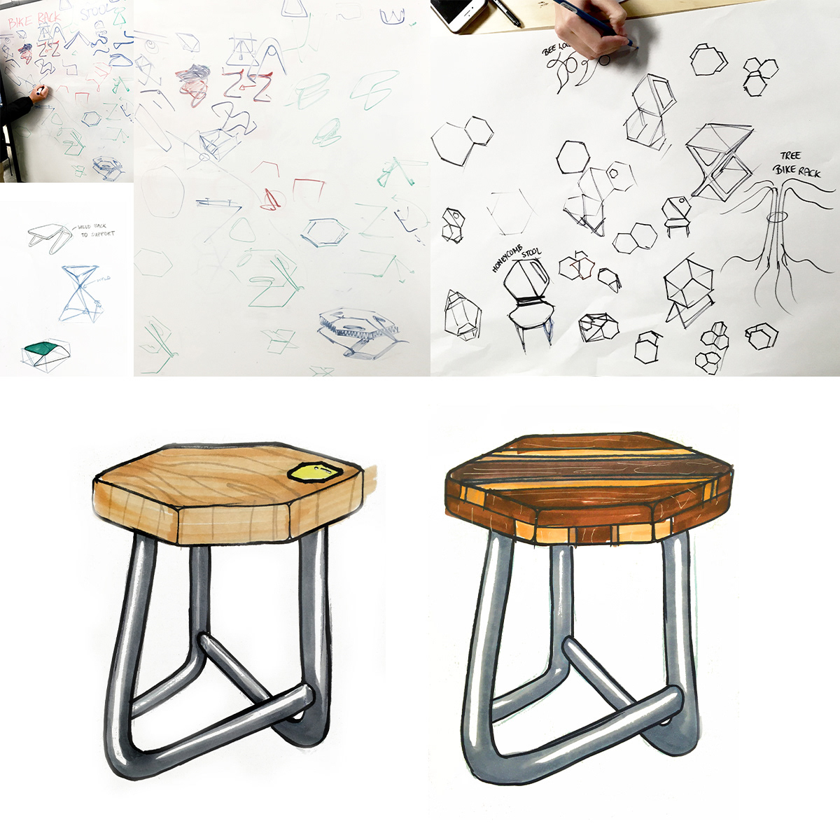 Top: early sketches and iterations. Bottom: final sketches.