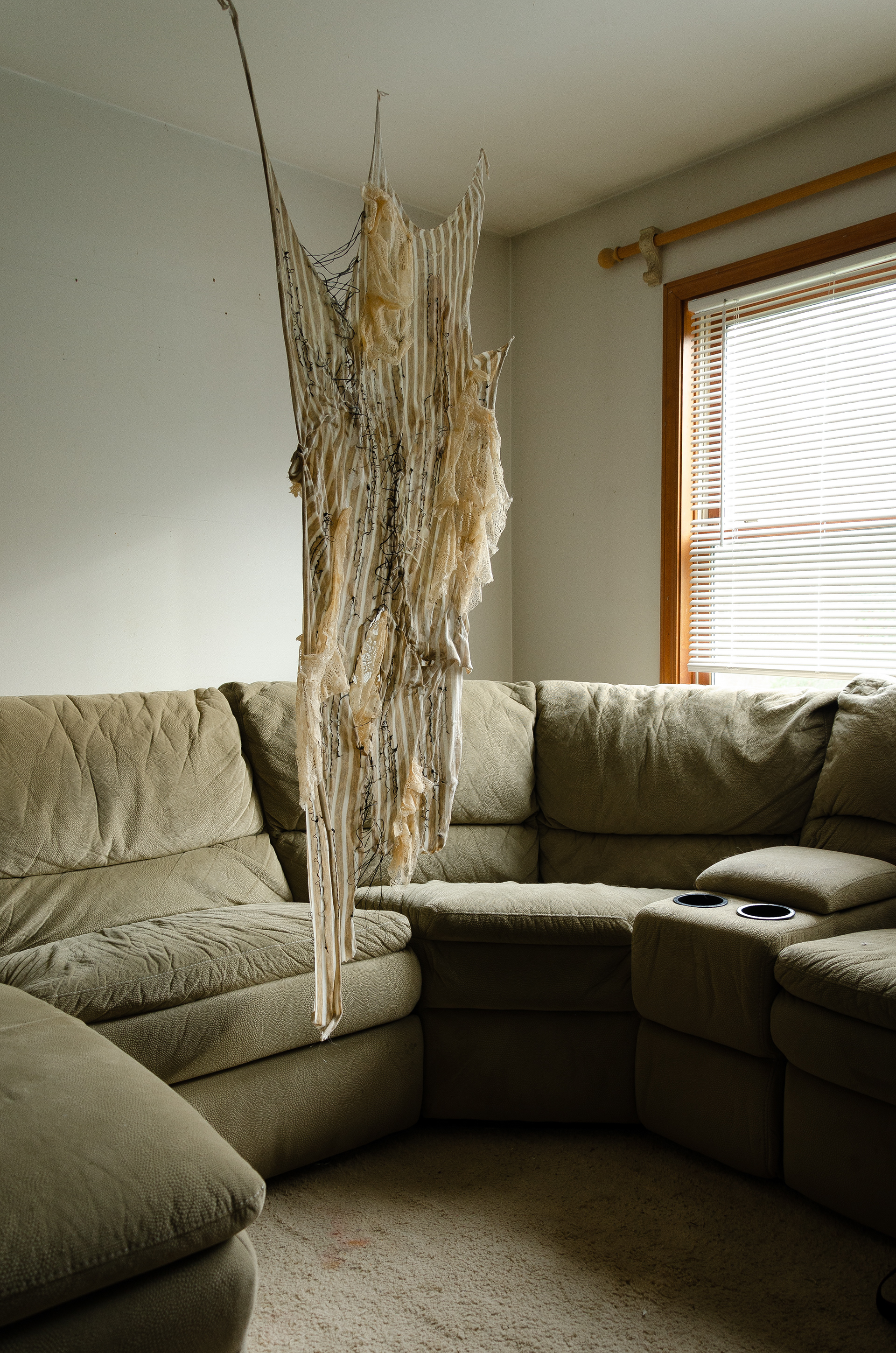 Domesticate I (2020), 36"x60". Fabric, Thread, Wax, Gunpowder