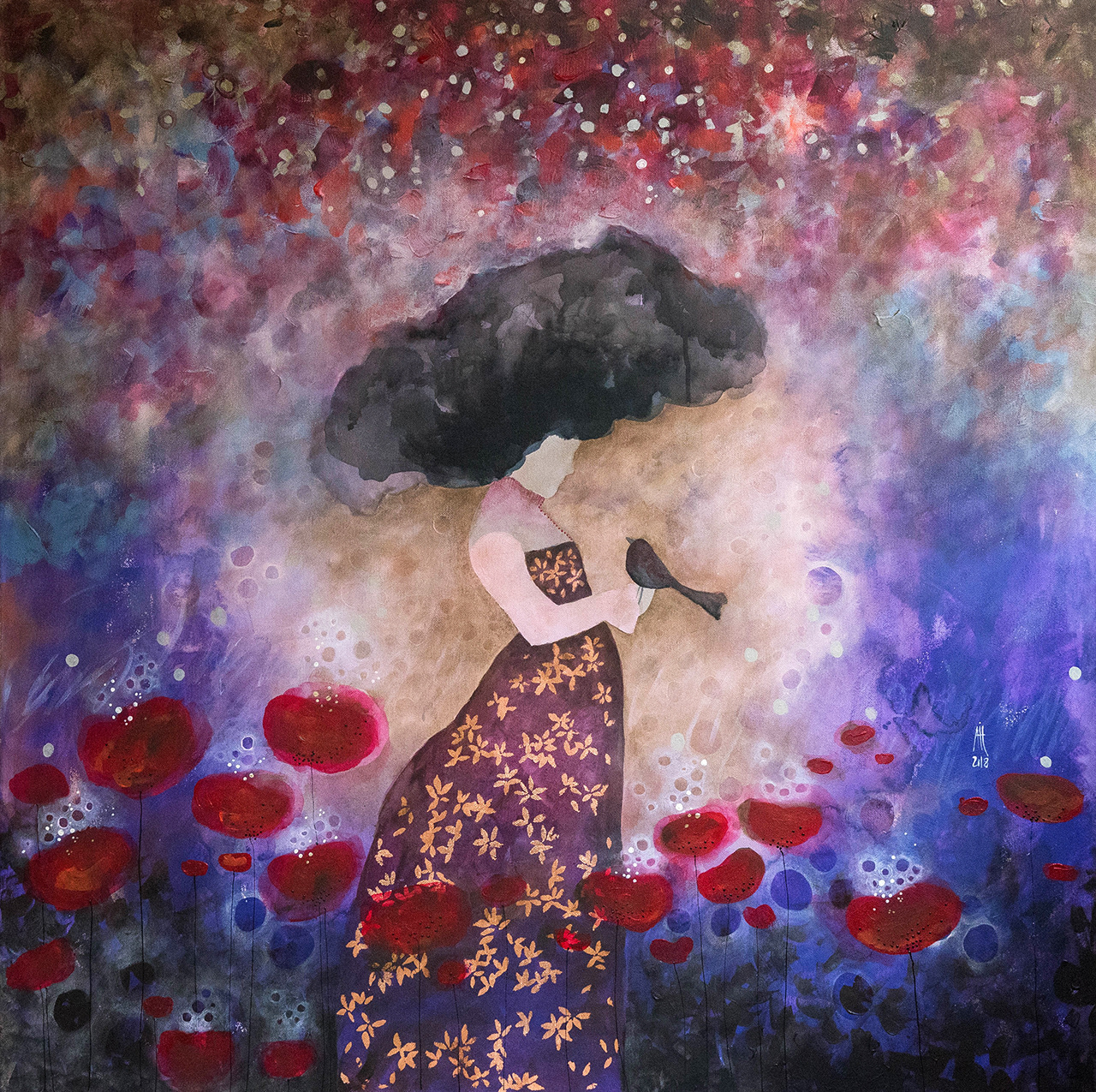 "Woman with bird" 100cm/100cm 2018 acrylic/canvas