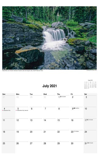 July 2021 scenic calendar, Canadian Rockies waterfall landscape photography