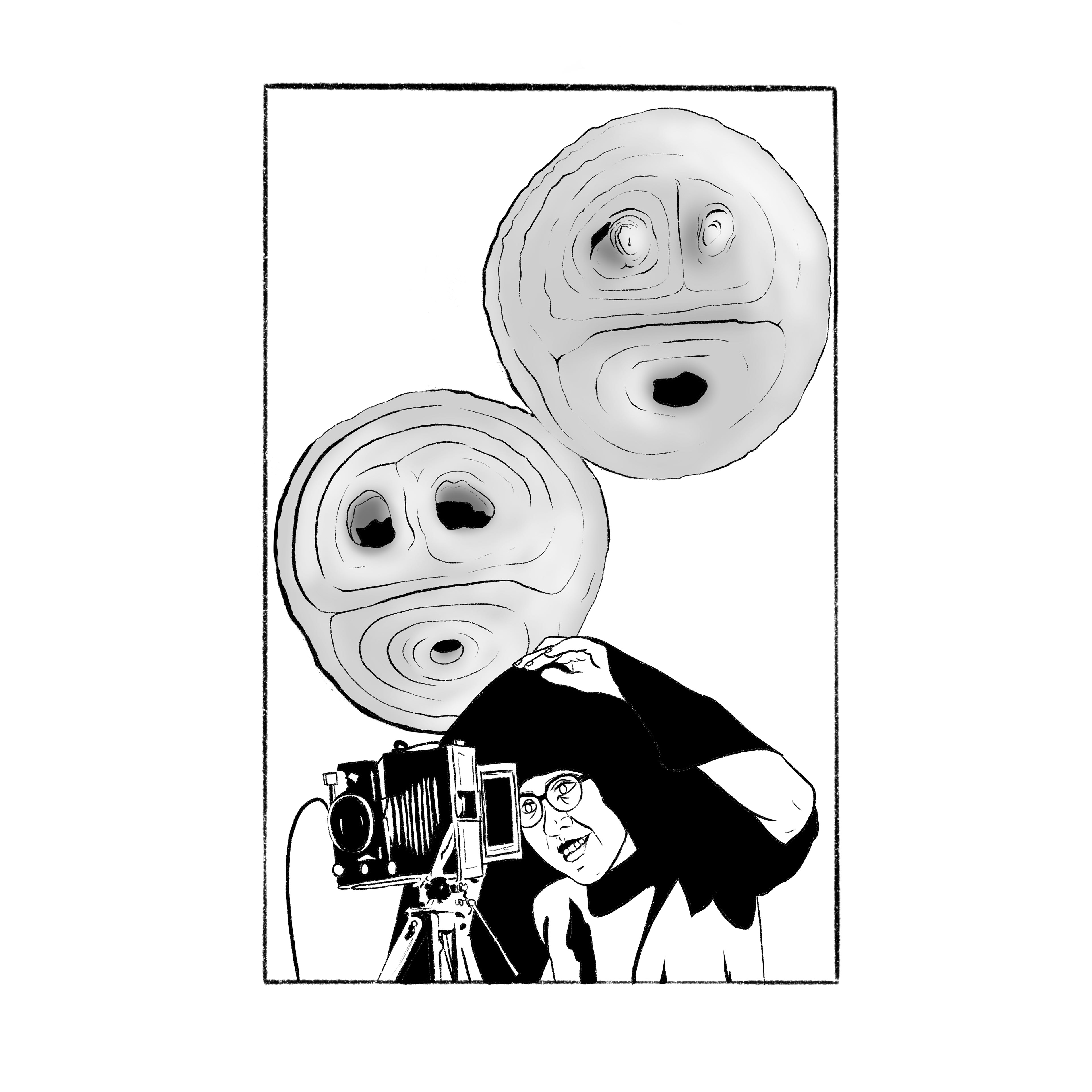 Elsa Thiemann, collaged photos of the artist and her photograph of sliced onions