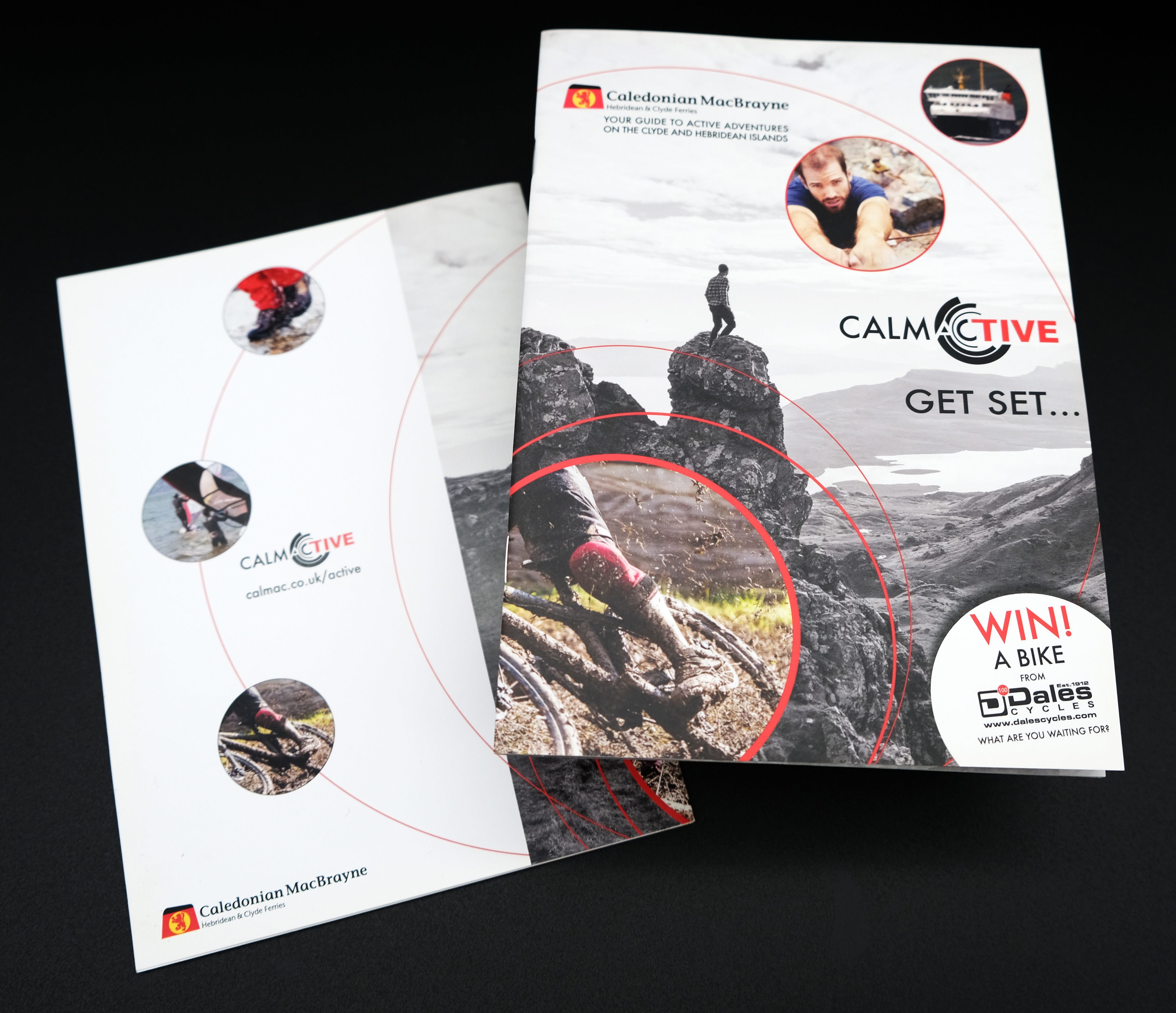 Front and back cover of Calmactive booklet showing  hill walking, mountain biking, climbing, wind surfing and Calmac boat