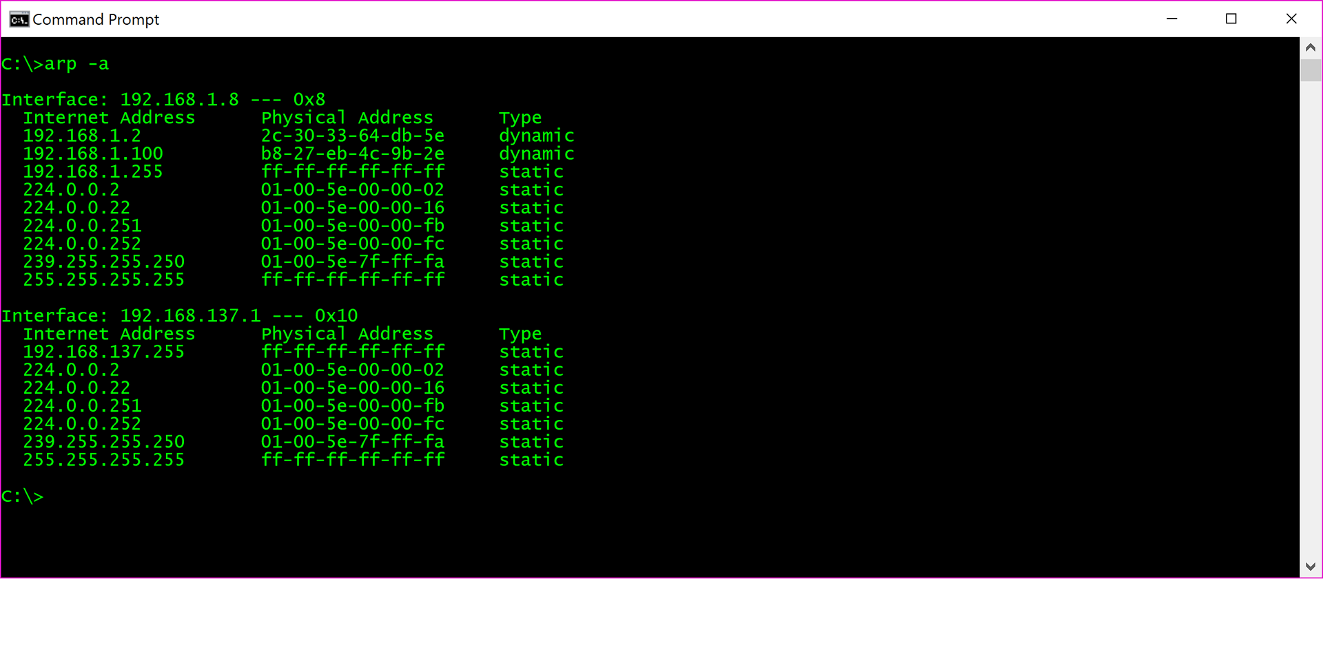 Output of "arp -a" command