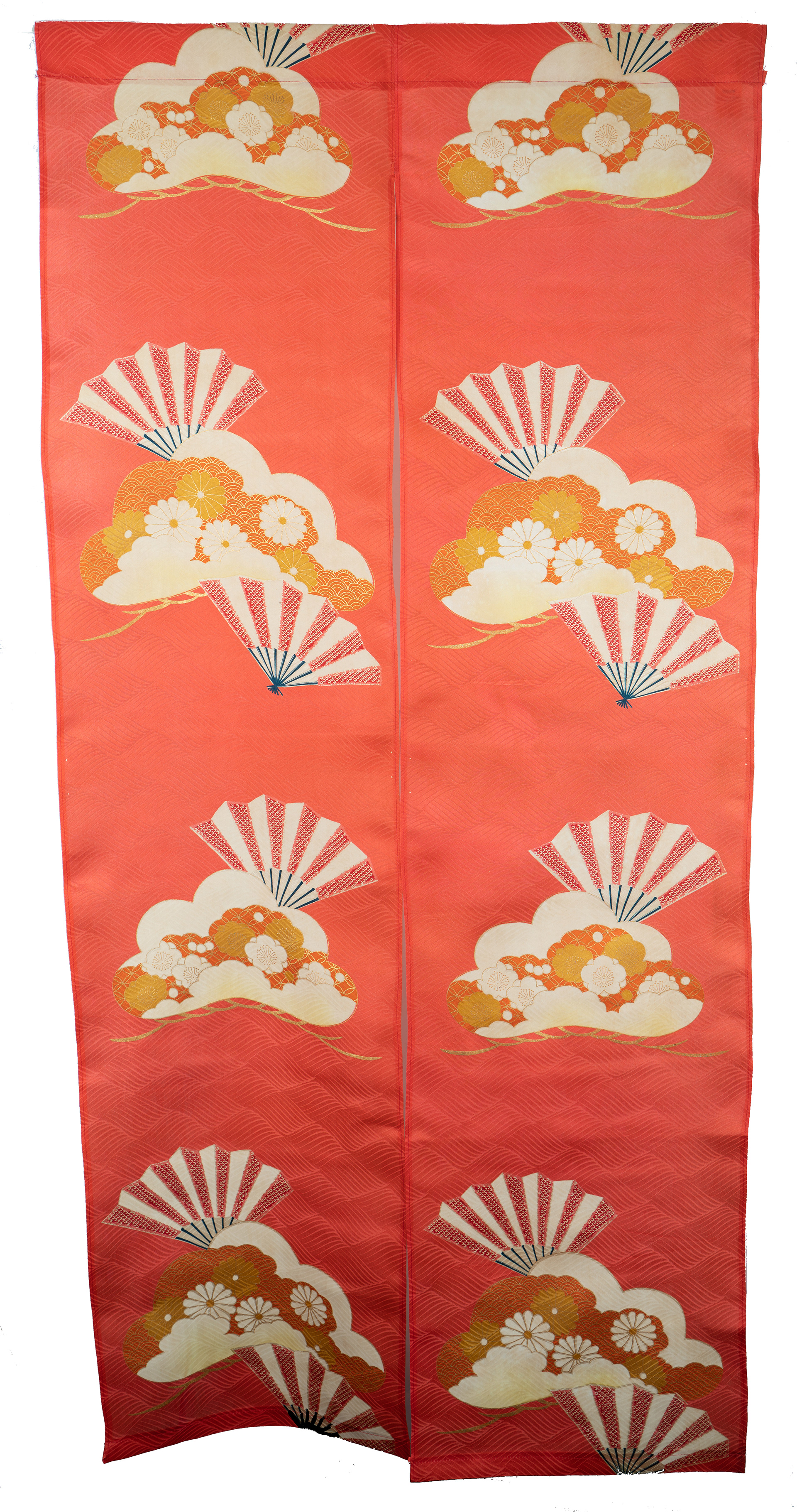 Vintage Kimono Silk Noren - Fans, Clouds, Flowers (Cherry Blossoms, Chrysanthemums), Red, Gold, White, Blue