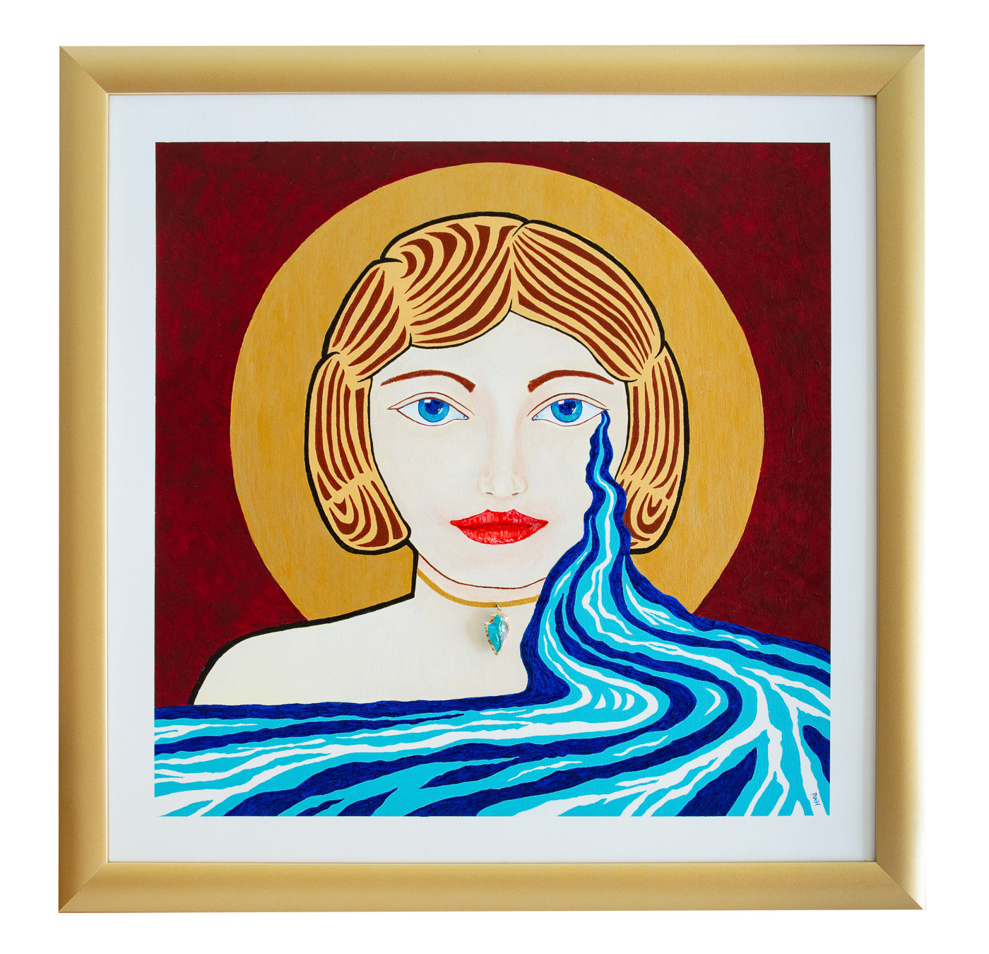 A beautiful woman painted in the style of an icon with a gold halo and gold and brown hair, looks out from the picture. There is a maroon background, and a blue embellishment has been seen to a choker around her neck in the shape of a flint arrow head. A stream of water falls from the outer corner of one of her eyes and fills the foreground