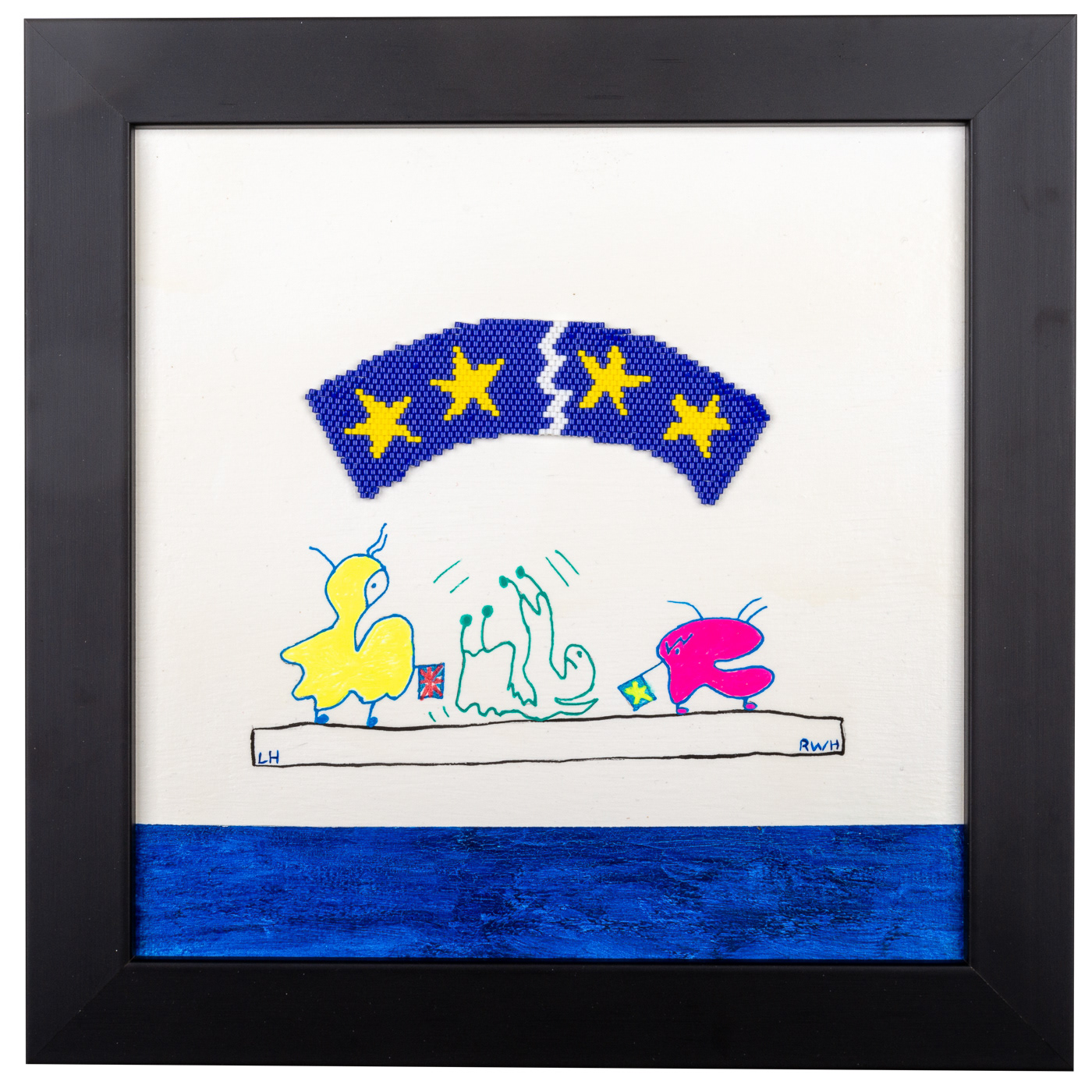 The three Bodgets (strange little blobs) are falling about, one has a British flag and the other a Euro flag. A broken banner of the Euro flag with stars is above them created in hand woven Miyuki beads. There is a blue border at the bottom and they are against a white background. Black frame.