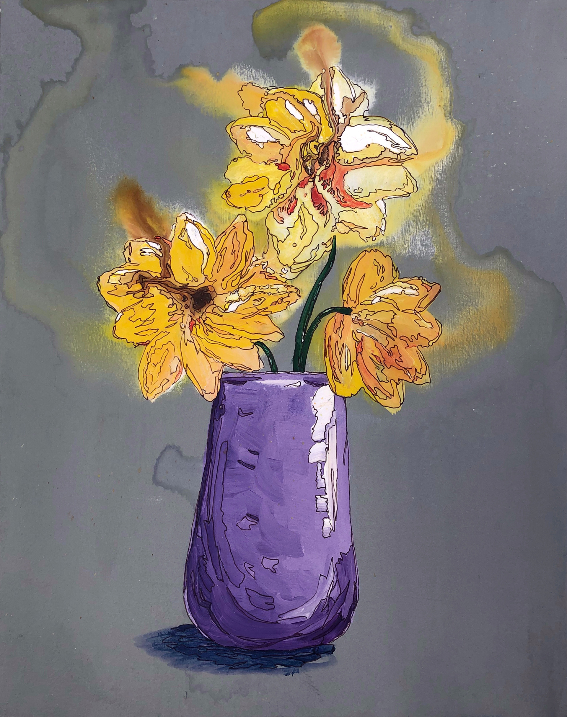 "Yellow Flowers," Acrylic & Ink