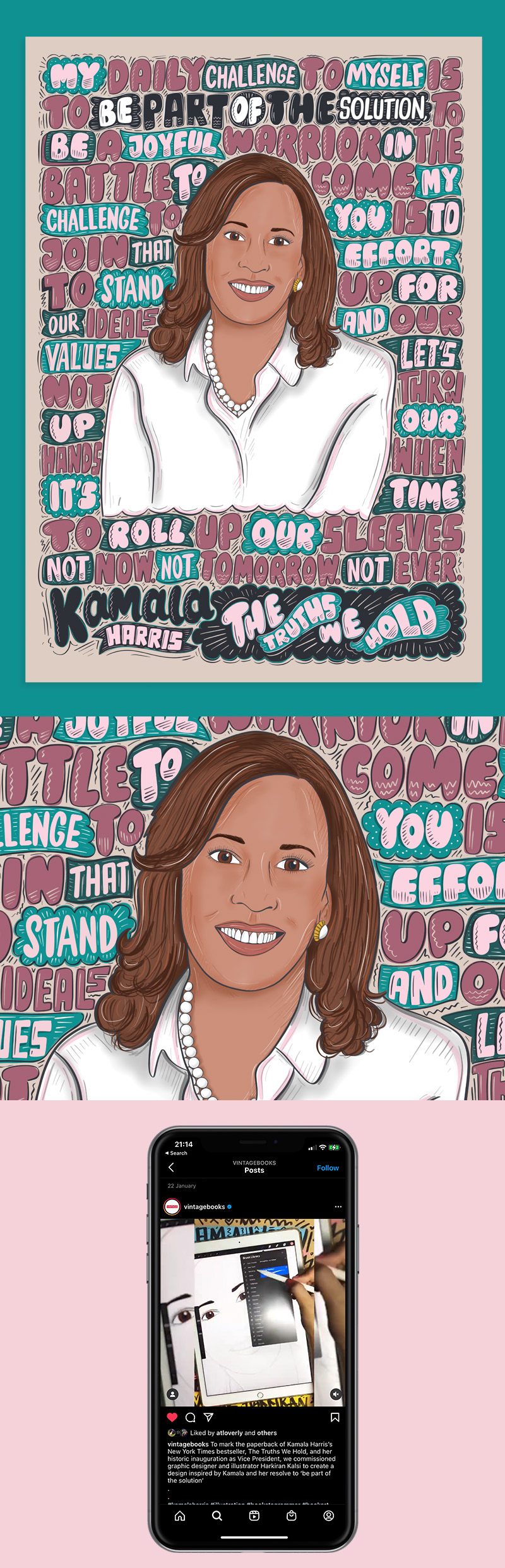 Illustrative poster with Kamala Harris in the middle and lettering surrounding her.