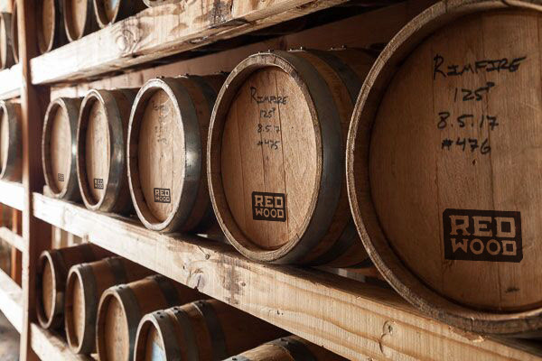 Redwood barrels, used to age their fine whiskey