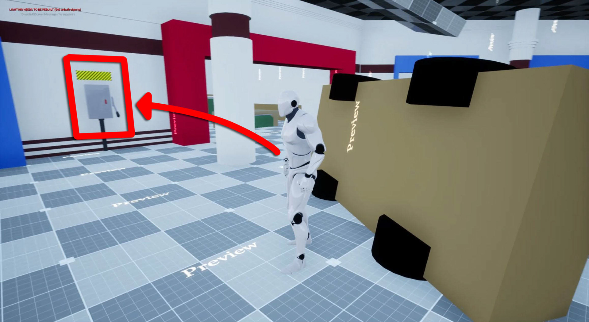 Car Cover - When the player hides behind the overturned car, they see an electric switch sparking. The switch has a long handle and a caution sign above it.