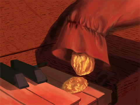 Illustration by Kristi McKinnon of a gold satchel resting on a piano. Two gold nuggets fall on to piano keys. Scene is lit in reds and oranges by firelight.
