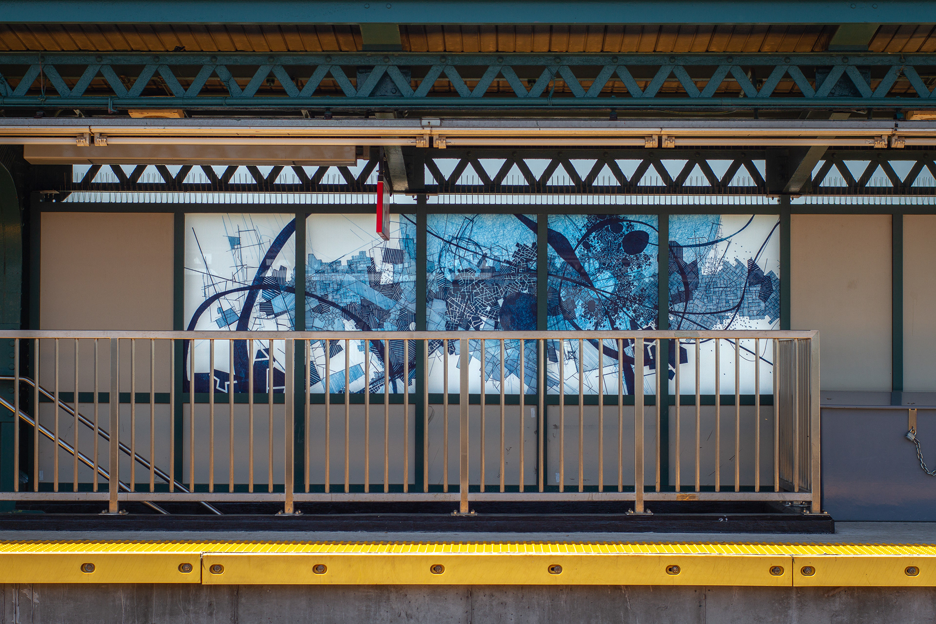 Derek Lerner, AVEX2(station), Review of work in progress 2016 MTA Arts & Design commission - Avenue X Station in Brooklyn NY - F train, IND Culver Line - Two of six 48" x 156" compositions (5 panels ea.) - Fabricated 0.875" depth laminated tempered glass