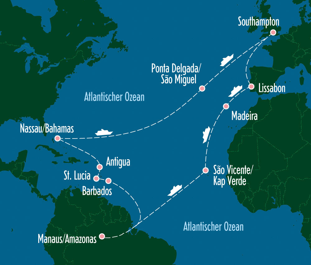 Routenkarte Kreuzfahrt Atlantik Nachtansicht