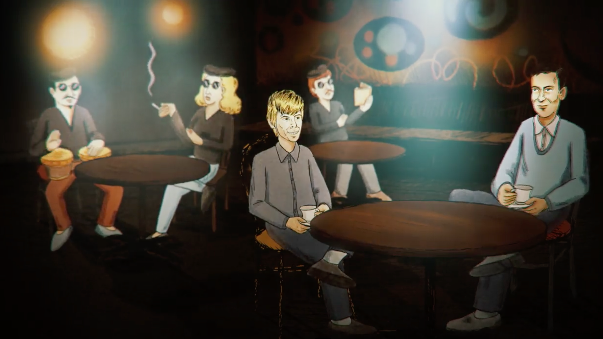 Background of beat café with Harry Smith painting on the wall