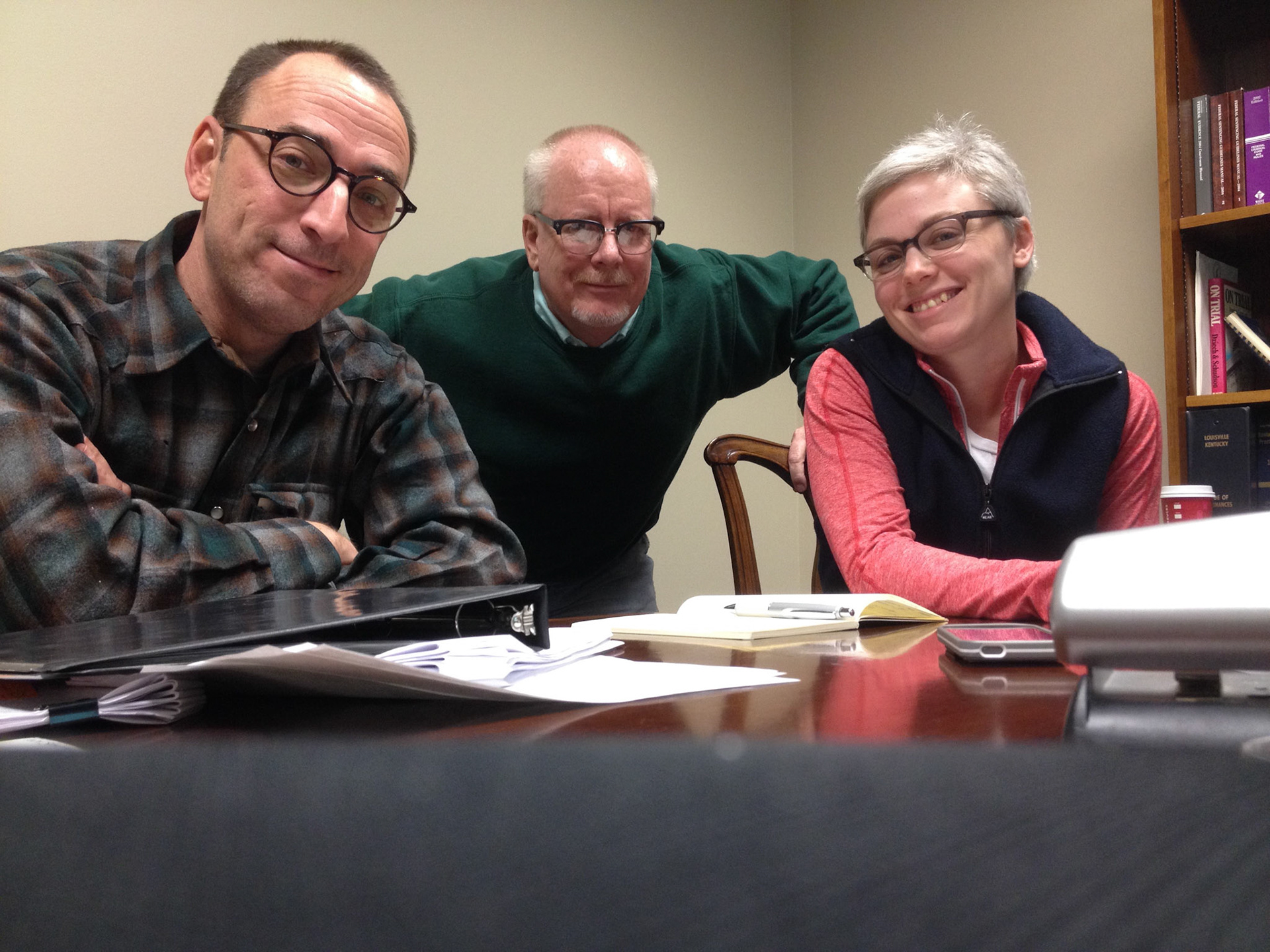 Ted Shouse, Sean Oates and Annie O'Connell working on a weekend