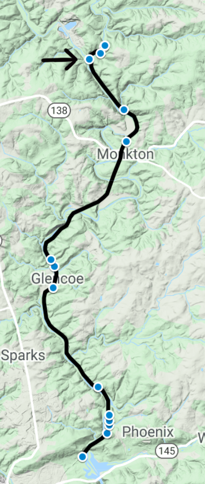 Smaller version of the overview map showing the locations of the sites along the trail. An arrow points to the southernmost site at the north end of the trail.
