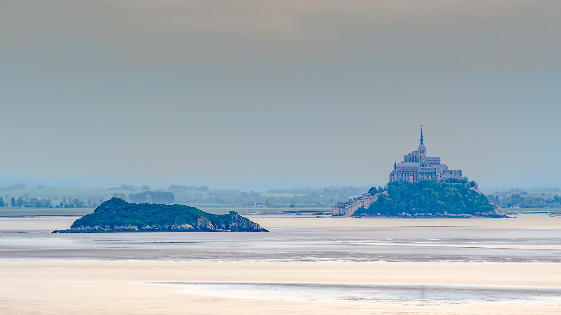 Mont Saint-Michel and Tombelaine seen from high up at Champeaux