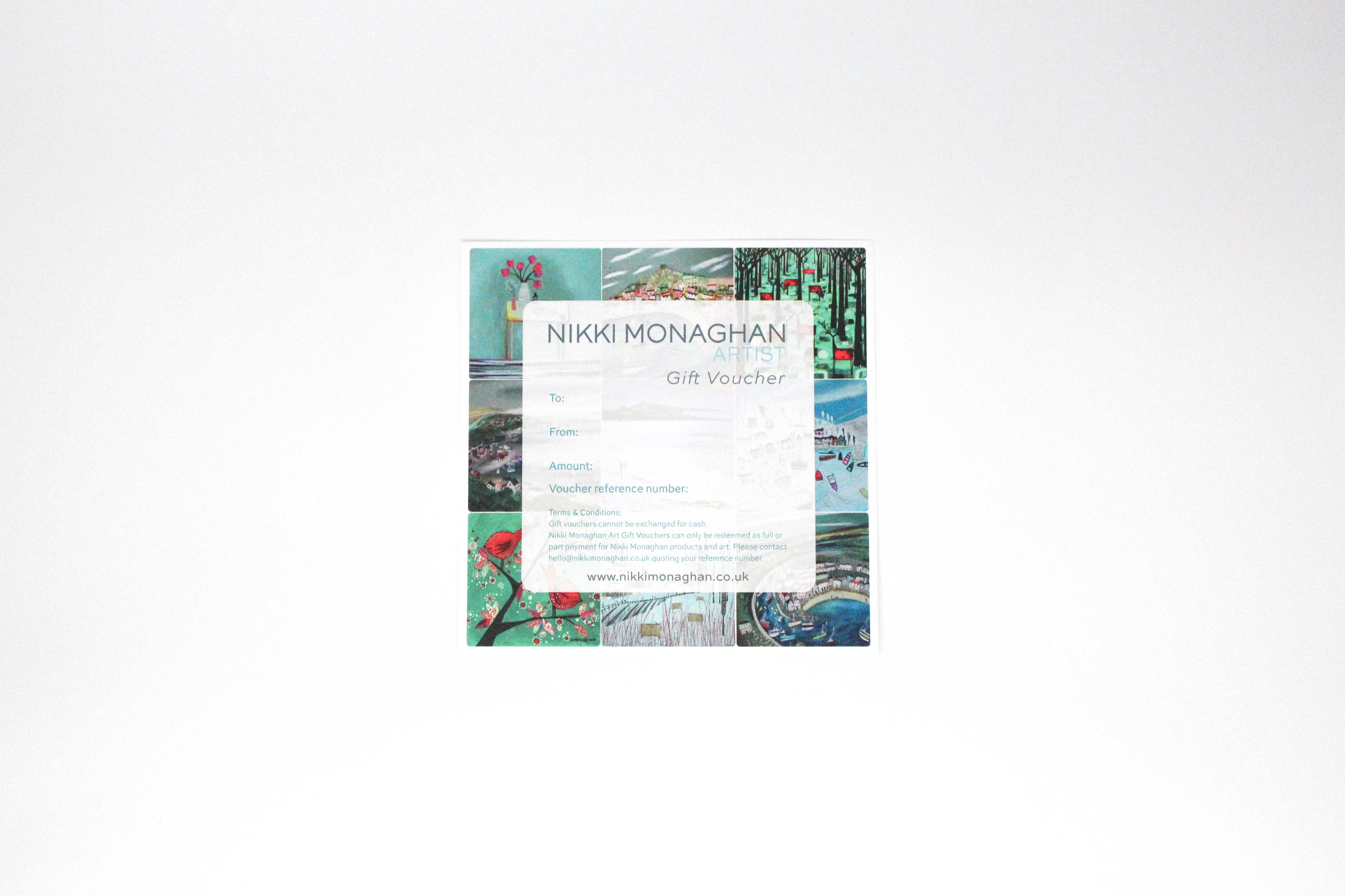 Square gift voucher with 9 pictures of artists work in background, white square in centre with information