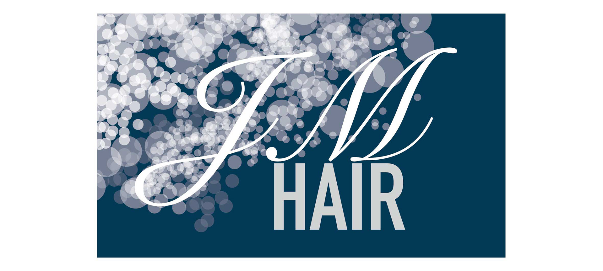 Dark blue background with white bubbles the top right JM in script font and Hair in san serif font below