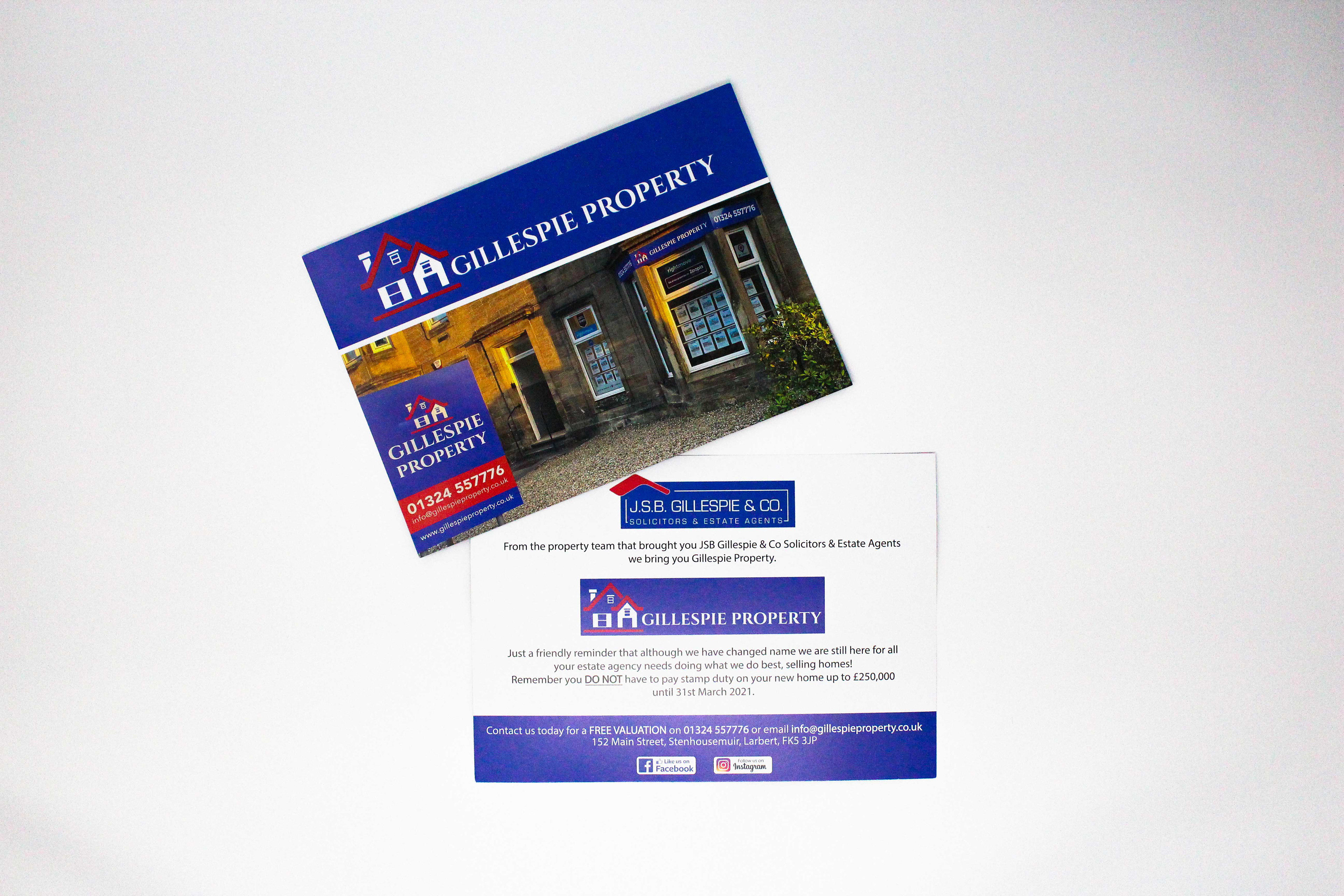 A5 double sided landscape flyer, royal blue and across top with Gillespie Property logo, beneath is image of office front, reverse has details of business