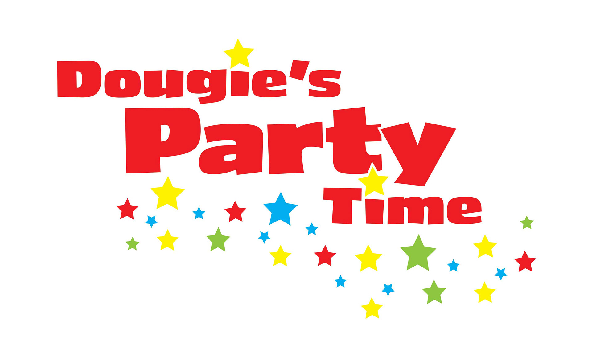 Words Dougie's Party time in big red letters with blue, yellow, red and green stars dotted below
