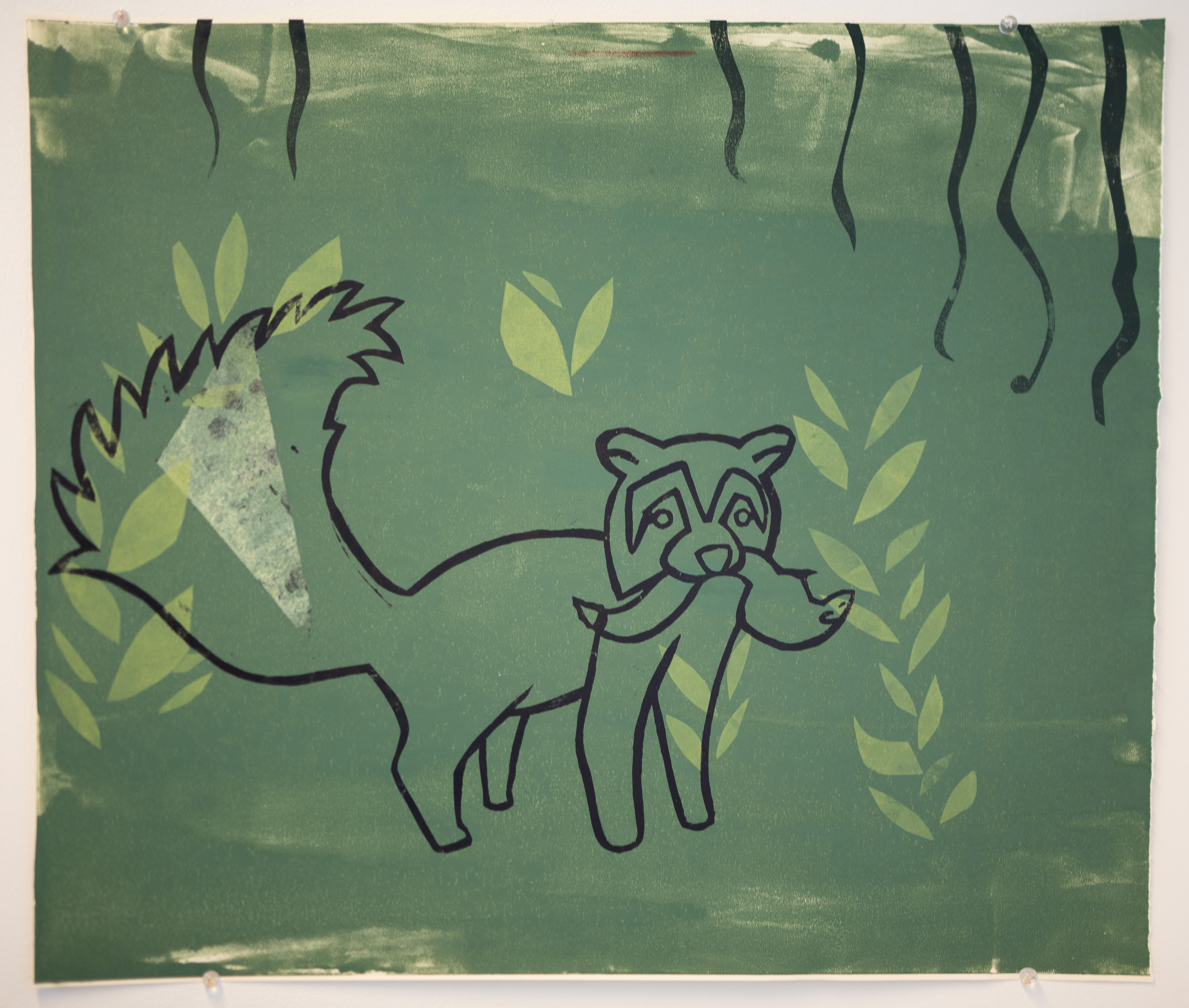 Forest green monoprint of raccoon skunk | Maleah Miller