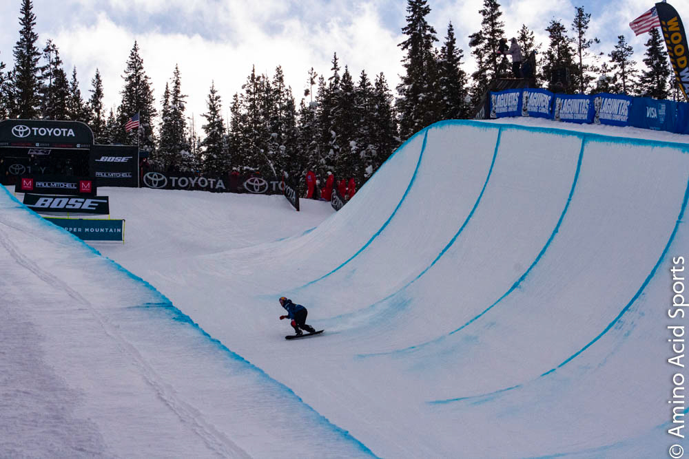 Jake Pates (USA) drops into his Run 2 for the US Grand Prix Copper's Men Halfpipe final