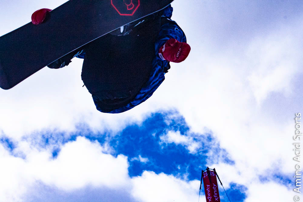 Jake Pates spins and soars on the left wall of Copper's Halfpipe