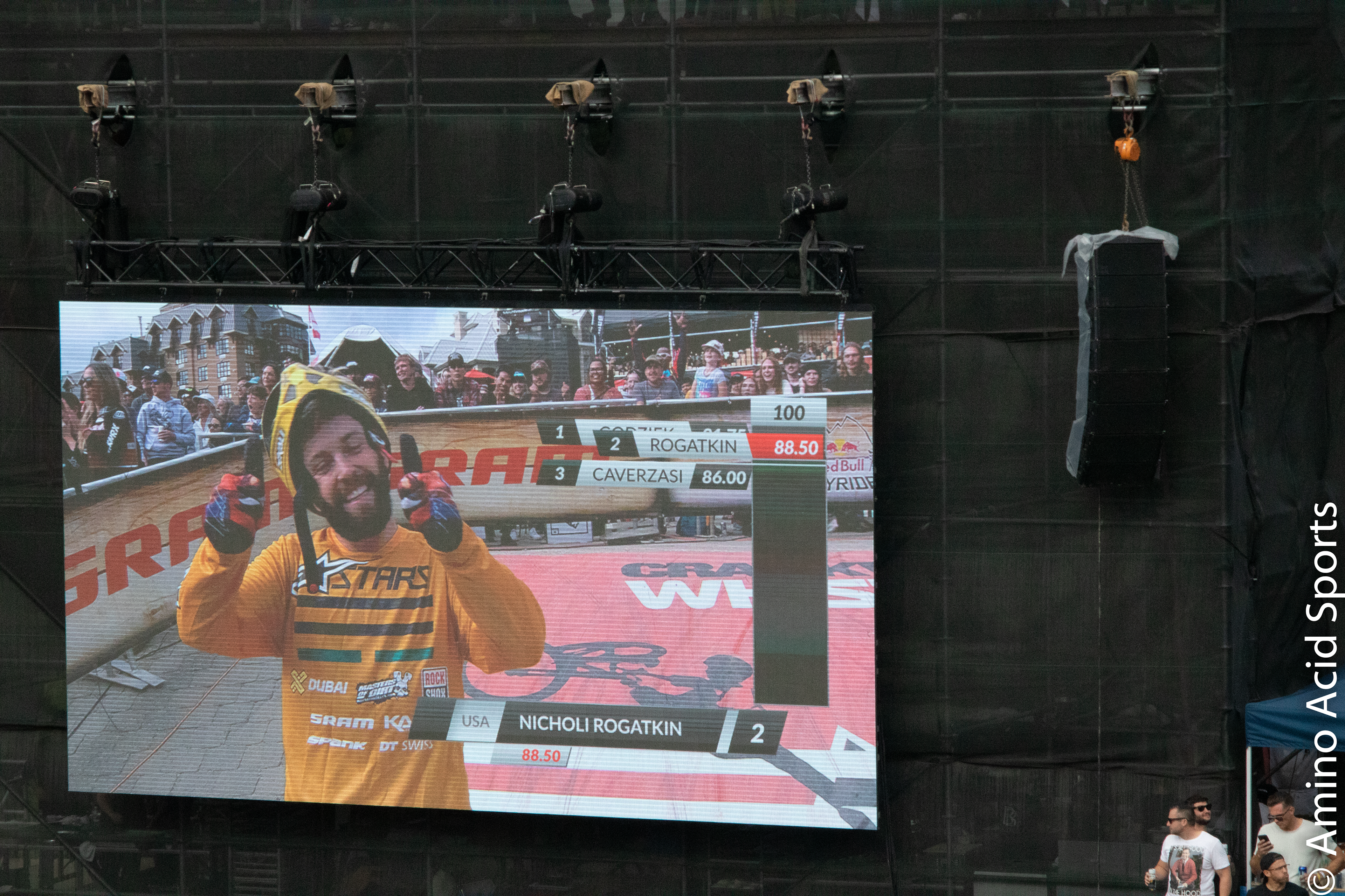 Crankworx Veteran Nicholi Rogatkin awaits his 2019 Slopestyle score with smiles and love to the Mountain bike fans!