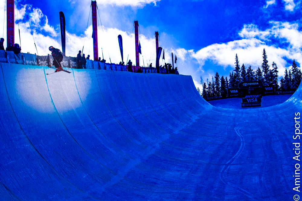 New Zealand national Miguel Porteuos, launches off the skiers' Right Wall, for his Corked Back 540*