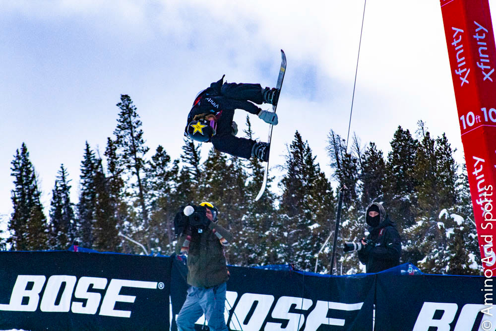 Jake Pates (USA) glides his 720* Mute Crok Front Flip in Run 1 at the US Grand Prix Copper