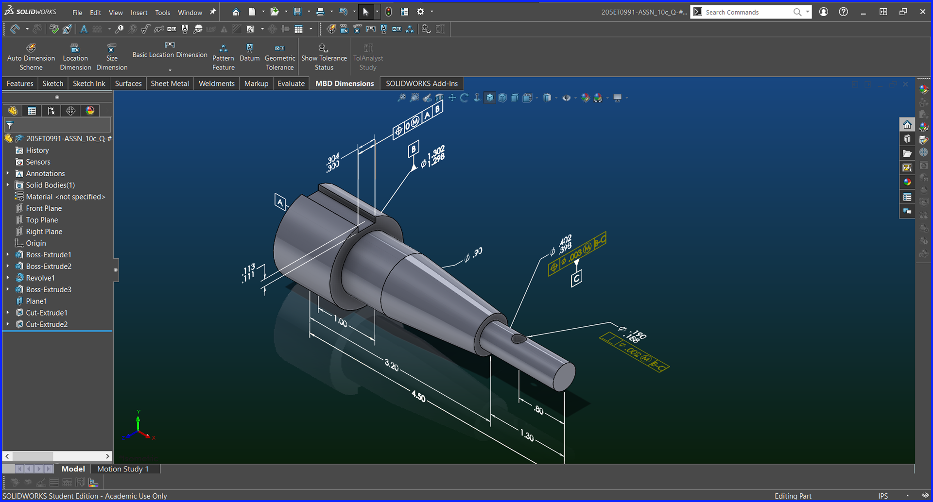 Spindle - Model Based Definition w/ GD&T - Isometric View - Solidworks