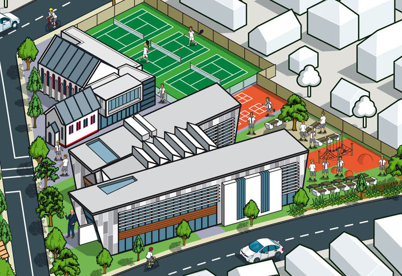 School buildings shown in an illustrated map