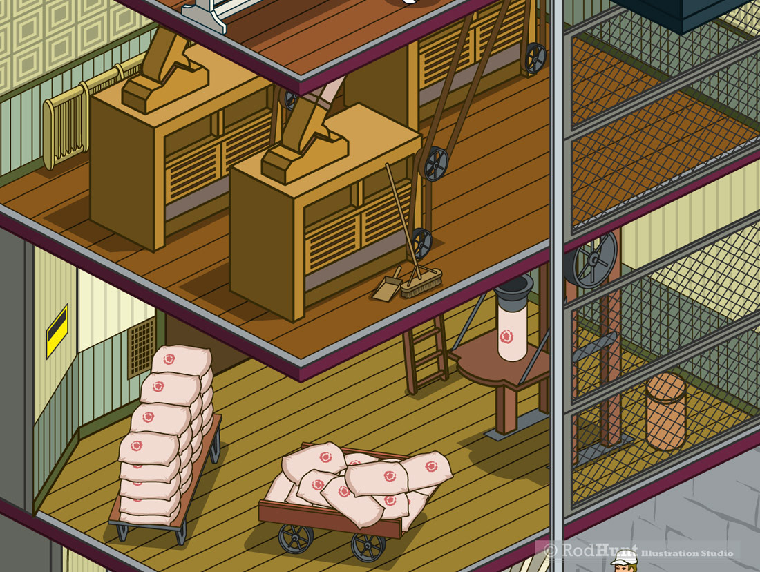 Historical recreation in a museum illustrated by Rod Hunt
