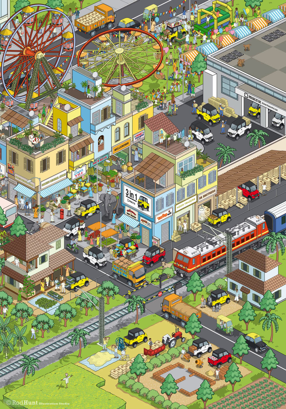 Car advertising illustration - Cityscape illustrations in isometric perspective for a car manufacturer ad campaign